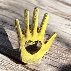 Gold Tone Hand pin label Heart brooch